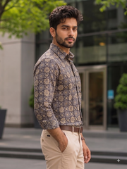 Black Full Sleeve Ajrakh Printed Cotton Mens Shirt 10071169
