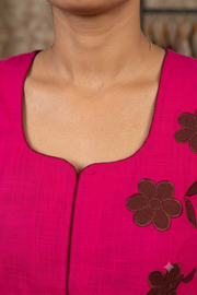 Bright Pink Handcrafted Solid Style Embroidered Cotton Kurta 10077408