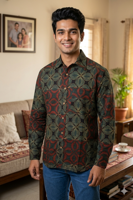 Muted Olive Green Full Sleeve Ajrakh Printed Cotton Men's Shirt 10076866