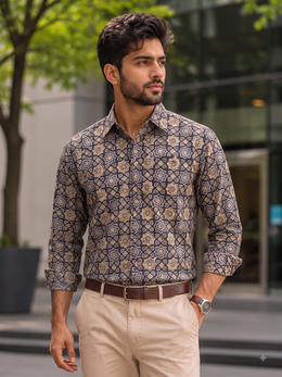 Black Full Sleeve Ajrakh Printed Cotton Mens Shirt 10071169