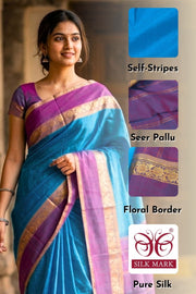 Anandha Blue Kanjivaram Pure Silk Saree With Kodimalar Border 10077892
