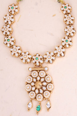 Antique Gold Tone Green & White Stone Necklace 10069641