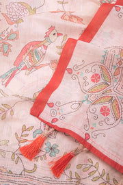 Cream Kalamkari Kantha Embroidery Printed Malai Cotton Saree 10074904