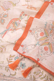 Cream Kalamkari Kantha Printed Malai Cotton Saree 10074903