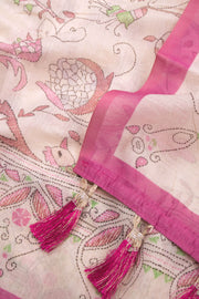 Cream Kalamkari Kantha Printed Malai Cotton Saree 10074906