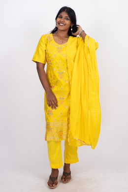 Yellow Mukaish Embroidery Viscose Silk Co- ord Set 10076195