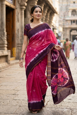 Pink Handcrafted Sungudi Cotton Saree 10074934
