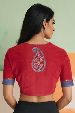 Maroon Aari Embroidered Mangalgiri Cotton Blouse 10070735