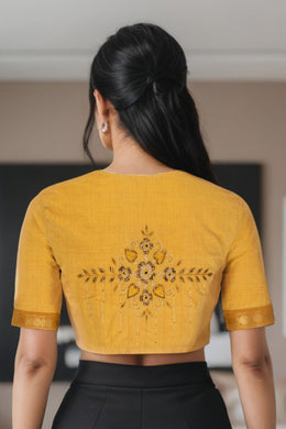 Mustard Yellow Aari Embroidered Mangalgiri Cotton Blouse 10070746