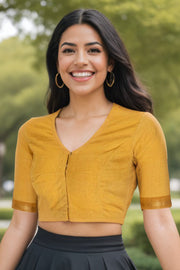 Mustard Yellow Aari Embroidered Mangalgiri Cotton Blouse 10070746
