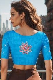 Blue Slub Cotton Embroidered Blouse 10071363