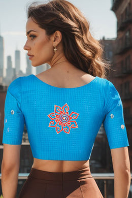 Blue Slub Cotton Embroidered Blouse 10071363