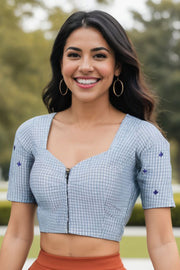 Grey Slub Cotton Embroidered Blouse 10071380