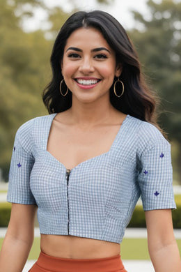 Grey Slub Cotton Embroidered Blouse 10071380