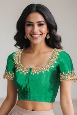Green Aari Embroidered Silk Blouse 10068915