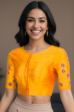 Yellow Aari Embroidered Tussar Silk Blouse 10068918