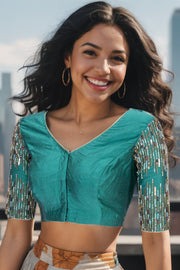 Teal Green Aari Embroidered Tussar Silk Blouse 10070443