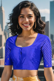 Blue Aari Embroidered Raw Silk Blouse 10068197