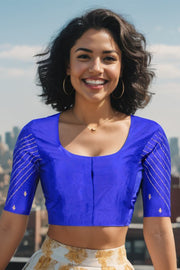 Blue Aari Embroidered Raw Silk Blouse 10068197