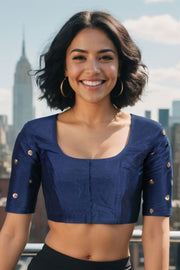 Navy Blue Aari Embroidered Tussar Silk Blouse 10070437