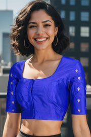 Blue Aari Embroidered Raw Silk Blouse 10068194