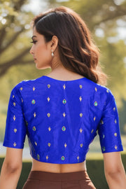 Blue Aari Embroidered Raw Silk Blouse 10068194