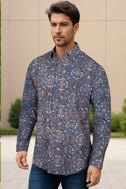 Blue Full Sleeve Ajrakh Printed Cotton Mens Shirt 10071162