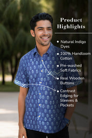 Indigo Handblock Print Pre-Washed Pure Cotton Shirt 10074398
