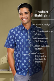 Indigo Handblock Print Pre-Washed Pure Cotton Shirt 10074407