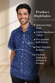 Indigo Handblock Print Pre-Washed Pure Cotton Shirt 10074409