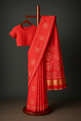 Red Handcrafted Rai Dana Bandhej Gajji Silk Saree 10066153