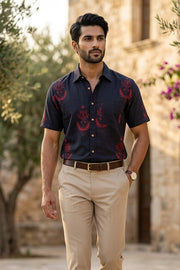 Indigo Handblock Printed Half Sleeve Men's Cotton Shirt 10076837