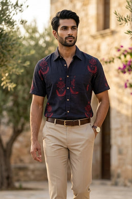 Indigo Handblock Printed Half Sleeve Men's Cotton Shirt 10076837