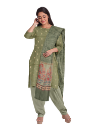 Sage Green Banarasi Silk 3-Piece Salwar Suit Material With Printed Dupatta 10065498