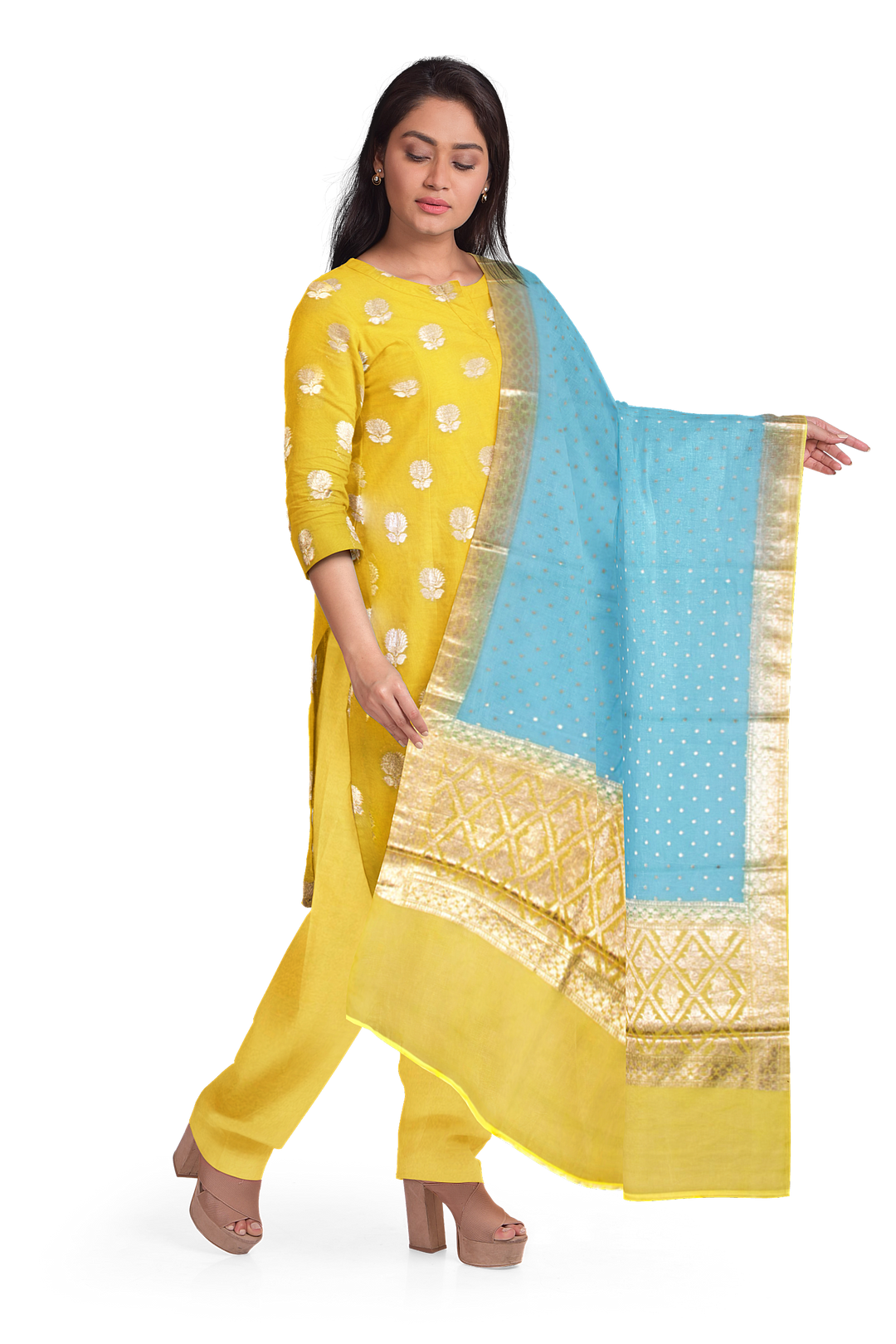 Yellow 3-piece Banarasi Silk Salwar Suit Material 10070359