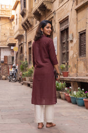 Maroon Handcrafted Solid Style Cotton Kurta 10077456