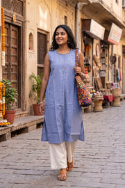 Blue Handcrafted Solid Style Sleeveless Cotton Kurta 10077453