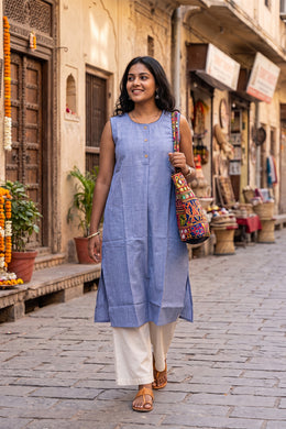 Blue Handcrafted Solid Style Sleeveless Cotton Kurta 10077453