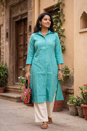 Aqua Blue Handcrafted Solid Style Oxford Cotton Kurta 10077450