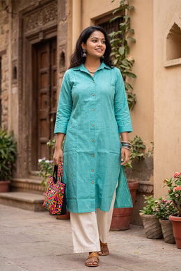 Aqua Blue Handcrafted Solid Style Oxford Cotton Kurta 10077450