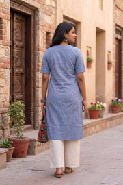 Blue Handcrafted Solid Style Oxford Cotton Kurta 10077442