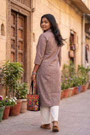 Muted Brown Handcrafted Solid Style Oxford Cotton Kurta 10077447