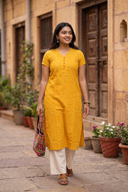 Yellow Handcrafted Solid Style Oxford Cotton Kurta 10077452