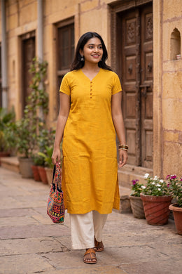 Yellow Handcrafted Solid Style Oxford Cotton Kurta 10077452