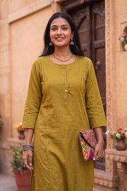 Leaf Green Handcrafted Stripes Cotton Kurta 10077465
