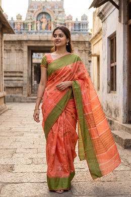 Orange Hand Block Printed Chanderi Saree 10036357