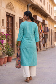 Aqua Blue Handcrafted Solid Style Oxford Cotton Kurta 10077459