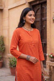 Bright Orange Handcrafted Stripes Cotton Kurta 10077464