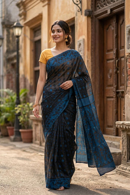 Blue Handloom Jamdani Cotton Saree 10077530