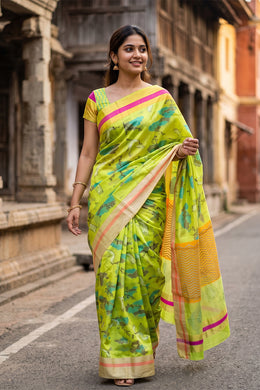 Green Flamingo Motifs Chanderi Printed Silk Cotton Saree 10075930